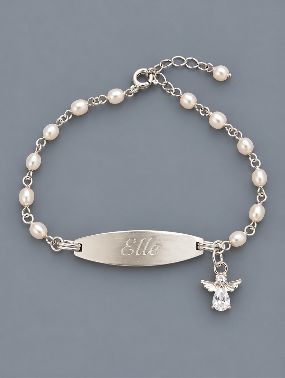 Dainty Sterling Silver Pearlesque Chain Elle ID Angel Tennis Bracelet